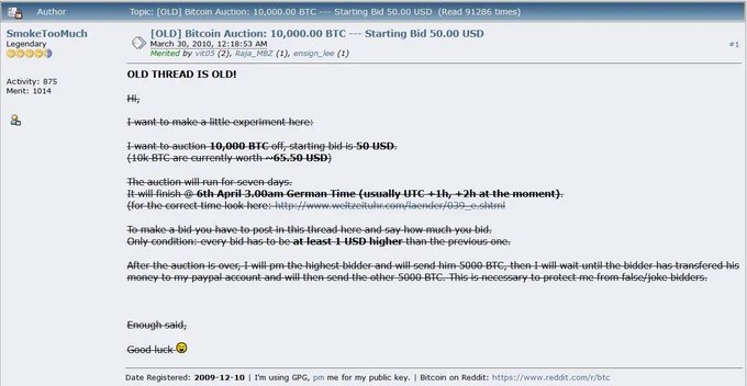 A Reddit forum screenshot showing a Legendary post by 'SmokeTooMuch' titled 'OLD THREAD IS OLD!' about a 10,000 BTC auction with a $50 USD starting bid, referencing a planned April 6th auction in German Time.