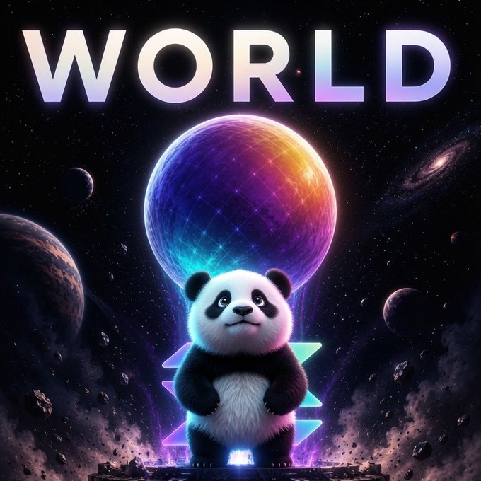 A panda stands on a cosmic platform beneath a glowing rainbow-hued sphere, with the word "WORLD" displayed above in bold gradient lettering, visually reinforcing the post's message "It's a $PANDA world, we're just living in it" by portraying the panda as the centerpiece of a vibrant, universal crypto community.