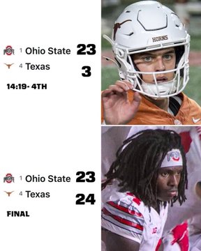 The image shows a scoreboard comparison for the Ohio State vs. Texas football game, with Ohio State leading 23-3 at 14:19 in the 4th quarter in the top panel, and Texas winning 23-24 at the FINAL in the bottom panel. Accompanied by photos of a Texas player in an orange helmet and an Ohio State player, the graphic visually illustrates the "life comes at you fast" message about Texas's unbelievable comeback victory over the Buckeyes.