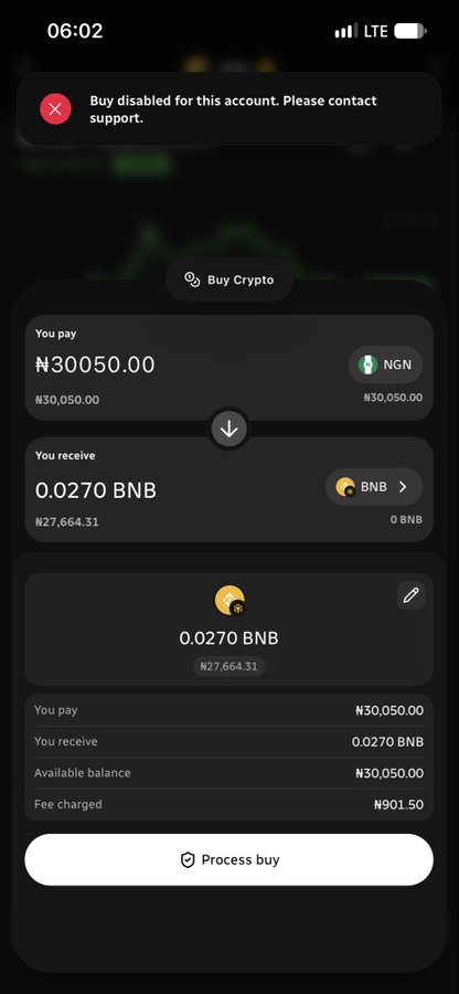 A mobile crypto trading app shows a 'Buy disabled for this account' error message, with a transaction to buy 0.0270 BNB for ₦30,050.00 NGN.