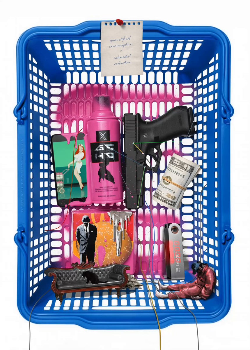 The image features a blue shopping basket filled with various items, including a pink bottle of alcohol, a gun, a wallet, a phone, and some money. The items are arranged in such a way that they appear as if they have been randomly placed inside the basket without any particular order or arrangement. The post appears to be about an artwork or a piece of writing related to the image's content.