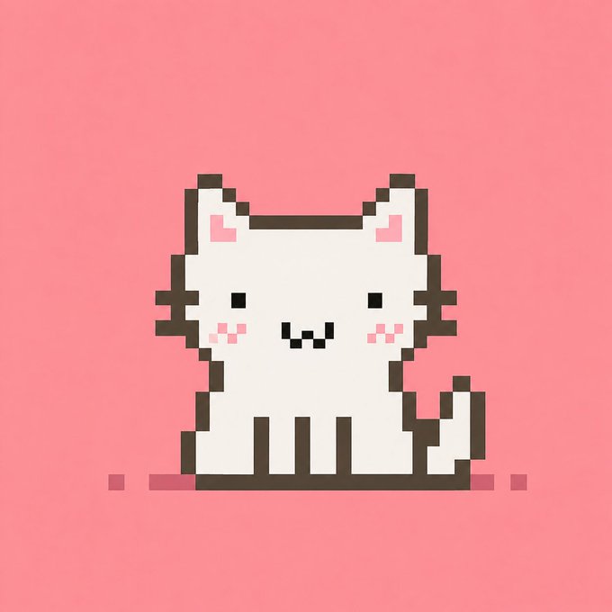 A pixel-art white cat with pink cheeks and inner ears sits smiling against a solid pink background, perfectly matching the playful, self-assured "felt cute, might delete later" vibe. The minimalist, blocky style gives it a charming retro feel that complements the casual, cheeky tone of the caption.