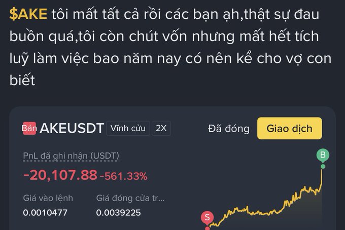 Vietnamese-language meme image showing a crypto trading loss with text 'I lost everything, my friends... should I tell my wife?' alongside AKEUSDT token showing a -561.33% loss of -20,107.88 USDT.