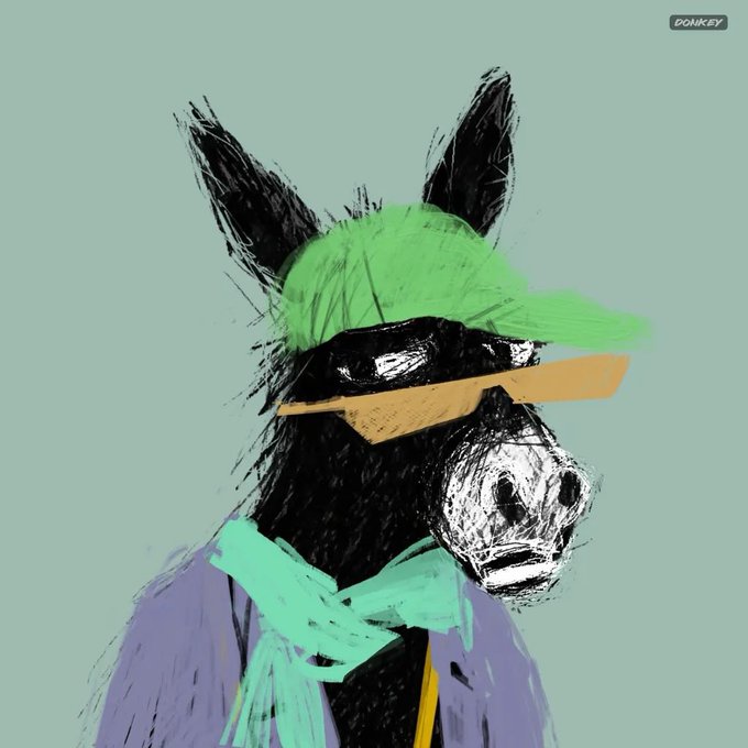 A digital painting of a donkey wearing a green cap and yellow-tinted sunglasses appears against a mint background, with "DONKEY" labeled in the top right corner. The image playfully visualizes the post's bullish XRP sentiment, depicting the "donkey" persona of the XRP community "holding the clutch" as the momentum builds.