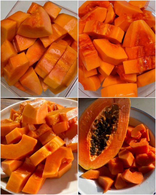 A four-panel collage showing chunks of ripe orange papaya cut into pieces, with the bottom right image showing the papaya cut in half revealing its black seeds.