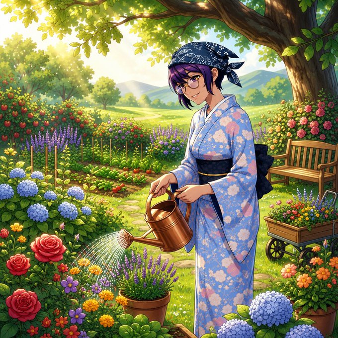 The image features an artist's illustration of a woman wearing a blue kimono, watering plants with a metal watering can while surrounded by flowers. The scene takes place outdoors, possibly in a garden or park setting. The image also includes a caption that reads "Early Morning Grinders Have a beautiful day Always find time for the things that makes you feel Happy..... Stay locked in on @Polymarket and @base". This suggests that the artist is promoting a positive message about finding joy in everyday activities, such as gardening, which can bring happiness to one's life.
