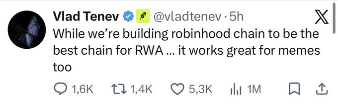 A tweet from Vlad Tenev (@vladtenev) states "While we're building robinhood chain to be the best chain for RWA ... it works great for memes too," with 5.3K likes and 1M views. The image supports the accompanying post by referencing Robinhood's blockchain development for RWA (Real World Assets) while noting its compatibility with meme tokens, contrasting with the claim that TON is the "real meme chain."