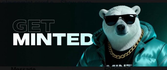 A cool polar bear wearing sunglasses and a teal puffer jacket with a gold chain appears next to the bold text "GET MINTED," visually representing the hip, reward-focused vibe of @PlayOnMint's XP-based leaderboard system highlighted in the post.
