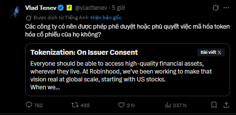 A tweet by Vlad Tenev (@vladtenev) about tokenization, highlighting a quote titled 'Tokenization: On Issuer Consent' about making financial assets globally accessible, starting with US stocks at Robinhood.