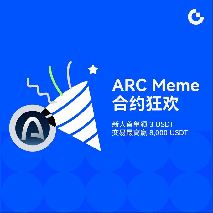 A blue promotional graphic for the "ARC Meme" contracts carnival (合约狂欢) features a white party popper releasing a green streamer and a star next to the ARC coin logo, with text offering new users 3 USDT on their first order and up to 8,000 USDT in trading rewards, highlighting ARC Chain native Memes $ARGUS, $TOLLY, and $COOL mentioned in the post.