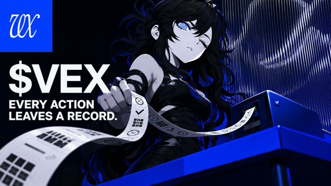 An anime-style promotional graphic for '$VEX' featuring a character with a receipt, and the text 'EVERY ACTION LEAVES A RECORD.'