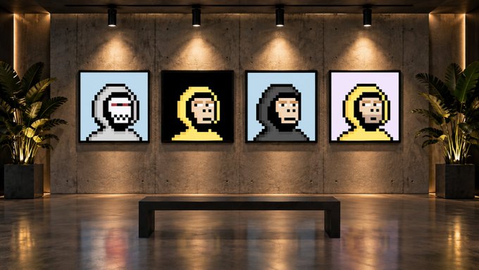 An art gallery display featuring four framed pixel-art monkey portraits on a concrete wall, illuminated by overhead spotlights with plants flanking the artwork and a black bench in the foreground.