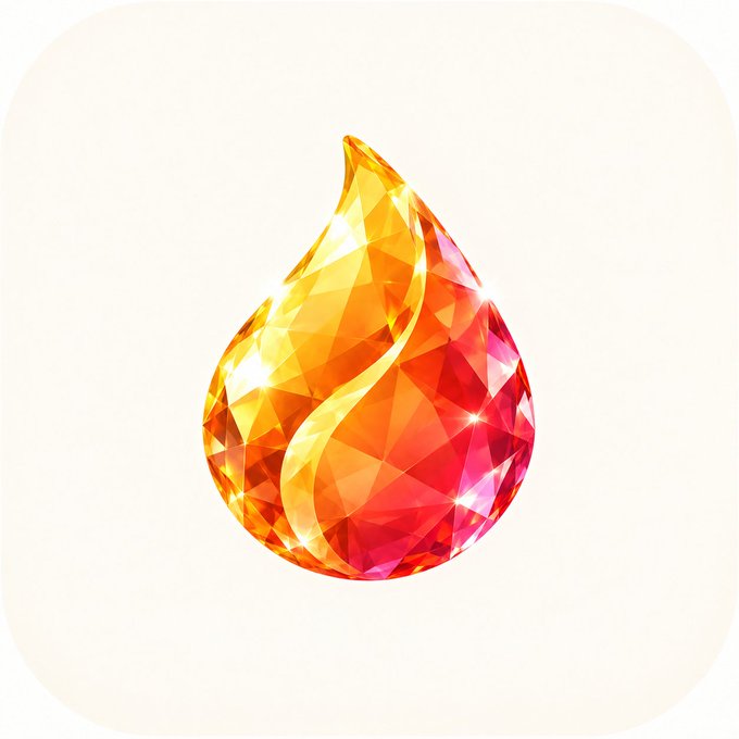 A stylized digital illustration of a faceted flame-shaped icon with a gradient of yellow, orange, and red colors against a white background.