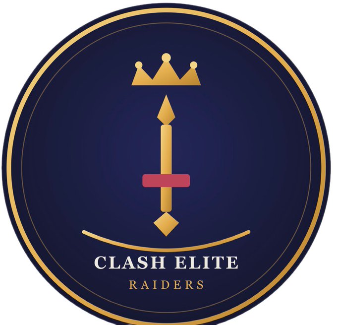 A circular navy blue logo with gold trim displaying a sword with a crown above it and the text 'CLASH ELITE RAIDERS'.