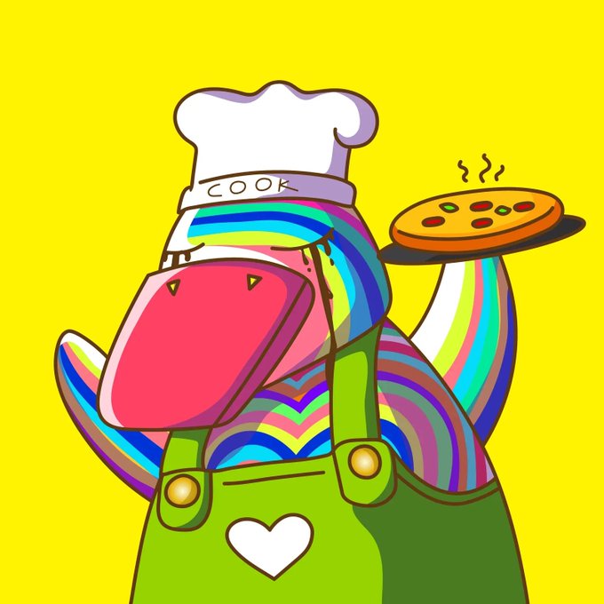 A colorful, psychedelic cartoon illustration of a pink creature wearing a chef's hat labeled 'COOK' and green overalls with a heart, holding up a steaming pizza against a bright yellow background.