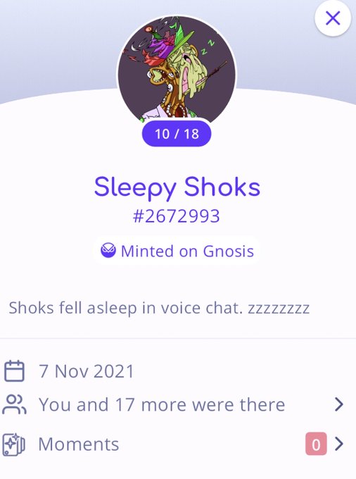 An NFT profile card showing a character named 'Sleepy Shoks' (#2672993) minted on the Gnosis network on 7 Nov 2021, with the description 'Shoks fell asleep in voice chat.'