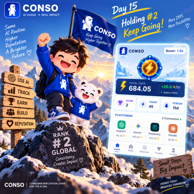 A promotional graphic for 'CONSO' app showing a 3D cartoon character with a flag standing on a mountain peak, with stats showing Rank #2 and Total ZAPS 684.05.