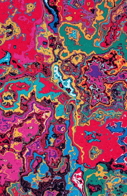 A vibrant abstract artwork featuring swirling patterns in bright red, pink, blue, yellow, and green colors with psychedelic, marbled textures.