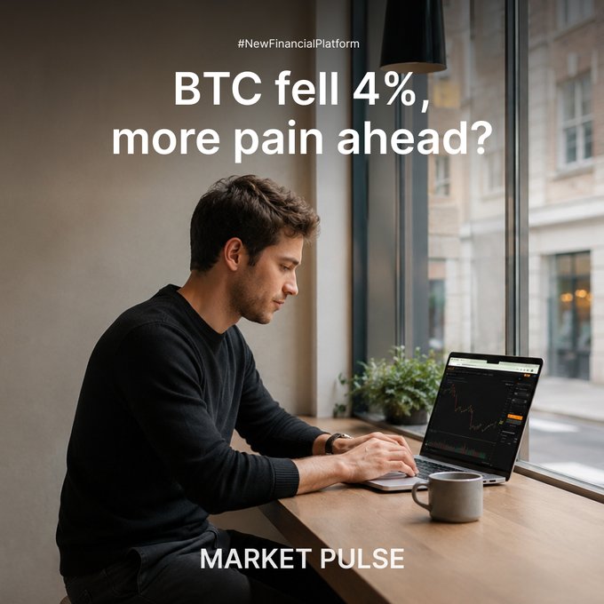A man sits at a window-side café table studying a sharp downward cryptocurrency chart on his laptop, with a coffee mug beside him. The overlaid text reads "#NewFinancialPlatform," "BTC fell 4%, more pain ahead?," and "MARKET PULSE," visually reinforcing the post's theme of Bitcoin's recent drop and concerns about further losses tied to the failed Clarity Act vote and upcoming Fed rate decision.