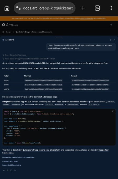 A screenshot of Arc by Circle documentation on docs.arc.io explains the App Kit quickstart for bridging tokens, displaying swap token contract addresses for USDC, EURC, and cirBTC with code examples.