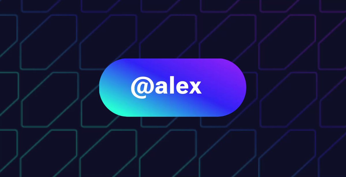 The image features a blue and purple button with the word "alex" written below it. The background consists of a patterned design, which appears to be a grid-like structure composed of squares or rectangles. The text "Message to all builders: your name matters. Company, product, community, personal brand." is displayed in white letters above and below the button. This message emphasizes the importance of having a unique and memorable name for one's business or project.