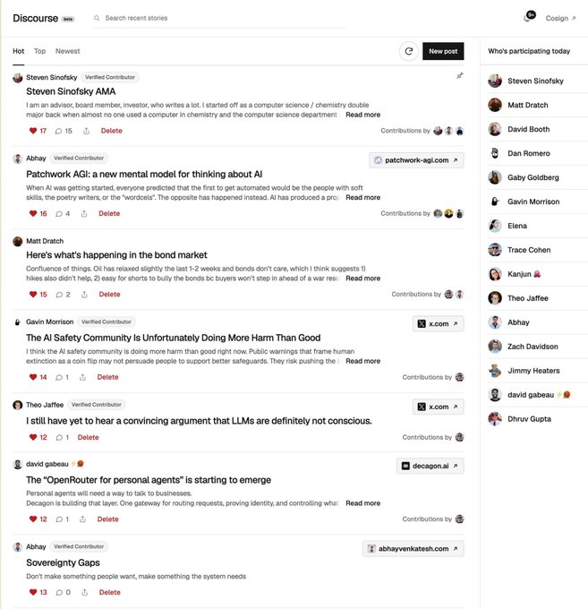This image shows the Cosign Discourse forum's main feed, displaying posts from various users including Steven Sinofsky's AMA ("I am an advisor, board member, investor..."), Abhay's "Patchwork AGI" post about AI mental models, and discussions about bond markets, AI safety, and personal agents. The post relates to this image by describing Cosign as an invite-only tech forum (currently around 5,000 whitelisted members) built on a graph-based system that gradually expands posting access to vetted participants like those visible here.