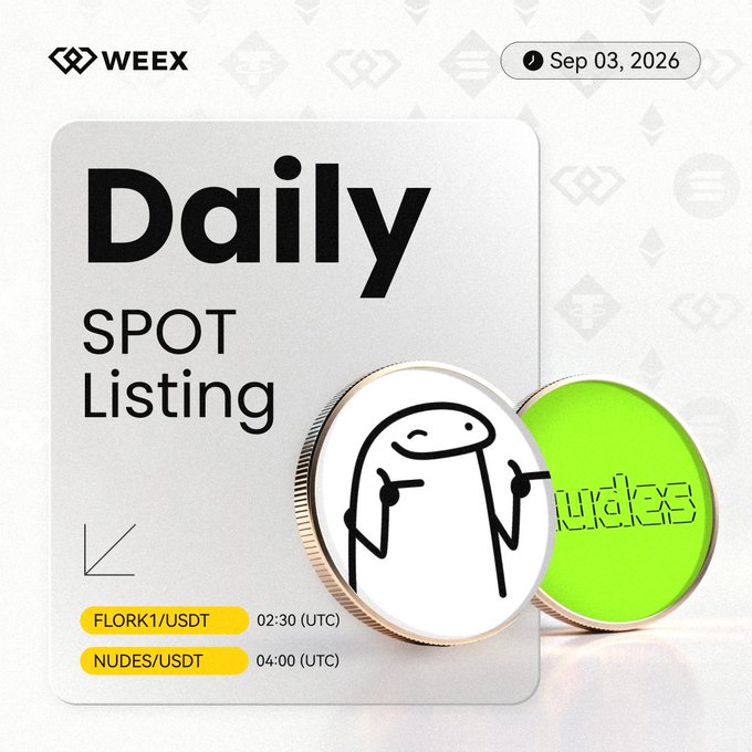 WEEX Daily Spot Listing announcement for September 3, 2026, featuring $FLORK/USDT at 02:30 UTC and $NUDES/USDT at 04:00 UTC, illustrated with cartoon meme-style coin graphics matching the playful nature of the listed tokens.