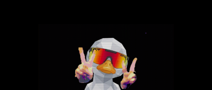 A low-poly 3D duck character wearing colorful sunglasses gives a double peace sign against a black background.