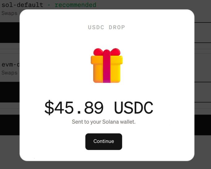 A screenshot showing a "$45.89 USDC" airdrop confirmation with a gift box icon, labeled "USDC DROP" and "Sent to your Solana wallet," illustrating the free USDC reward users can claim through the Moonpay AI wallet promotion.