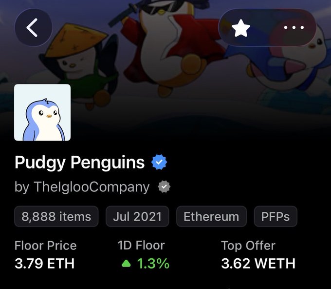 A screenshot of an NFT marketplace listing for 'Pudgy Penguins' by ThelglooCompany, showing 8,888 items on Ethereum, with a floor price of 3.79 ETH and a top offer of 3.62 WETH.