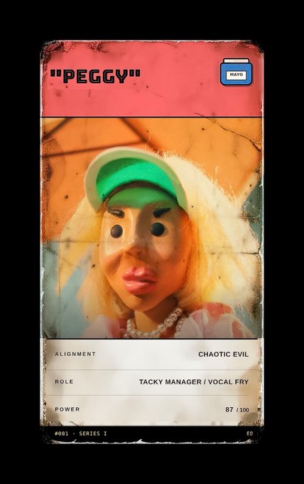 A trading card featuring a figure labeled 'PEGGY' with 'MAY0' tag, alignment 'CHAOTIC EVIL', role 'TACKY MANAGER / VOCAL FRY', and power 87/100, marked #001 - SERIES I.