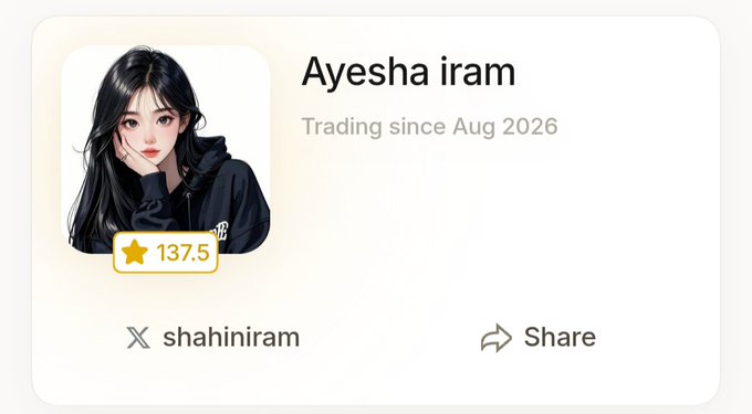 A profile card displays an anime-style avatar of "Ayesha iram" (@shahiniram), showing she has been "Trading since Aug 2026" with a rating of 137.5. The card's referral link (tren.ch/@shahiniram) matches the URL in the post promoting the Trenches Solana meme coin launchpad airdrop, indicating this is the referral page users are directed to connect their X account through.