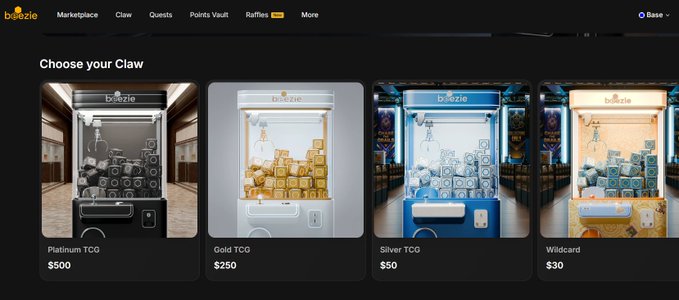 A boezie marketplace webpage showing a 'Choose your Claw' selection with four claw machine tiers: Platinum TCG ($500), Gold TCG ($250), Silver TCG ($50), and Wildcard ($30).