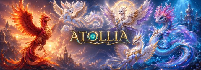 Fantasy artwork titled 'ATOLLIA' featuring mythical creatures including a red phoenix, white winged figures, and a serpentine dragon amidst castles and clouds.