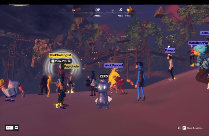 A group of avatars gather at the Sunday Party in the Otherside: Swamp Legends, with visible usernames including ThePhalangist, WickBurned, ZERO, Papichulo, Dangu, HamBearPig, and Outlaw. The scene features a swampy nighttime setting with wooden structures, string lights, and a compass at the top showing distances of 1,199 m and 608 m.