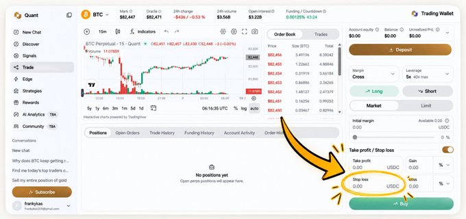 A screenshot of a Quant trading platform interface shows BTC/USDC market data and a highlighted stop-loss order field set to 0.00, with a large yellow arrow pointing to the order execution button.
