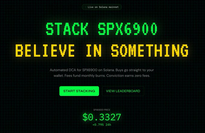 The image features a black background with a green and yellow computer monitor displaying the text "Stack Spx900 believe in something" from which "Spx900", possibly referring to an exchange or cryptocurrency, is being discussed as a DCA protocol. The website appears to be promoting SPX 900 by listing its benefits such as simplicity and ease of use for users. A price tag of $SPX690 is also visible on the image, suggesting that the website is advertising the coin for sale at this specific SPX 90 price.