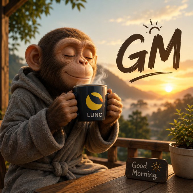 A CGI monkey in a gray bathrobe peacefully sips from a mug labeled 'LUNC' on a balcony overlooking a sunset, with 'GM' and 'Good Morning' text displayed.