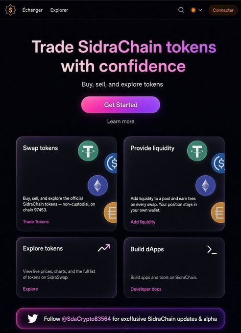 The image displays a landing page for SidraSwap, a decentralized exchange on the SidraChain, featuring options to "Swap tokens," "Provide liquidity," "Explore tokens," and "Build dApps," along with a "Get Started" button and Twitter handle @SdaCrypto83564. The page ties to the post's theme of SidraChain evolving into an open public blockchain by showcasing the platform's tools for trading $SDA tokens and stablecoins like USDX, USDC, and USDT, emphasizing the ecosystem's readiness for real-world utility.