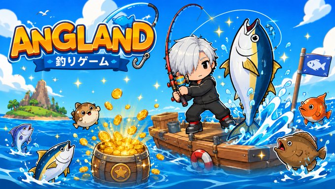 Promotional artwork for a mobile fishing game titled 'ANGLAND' (釣りゲーム), featuring an anime-style character reeling in a large tuna while surrounded by gold coins and other fish.
