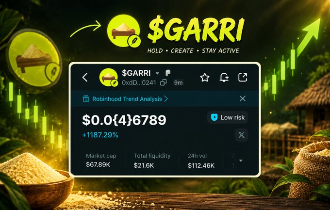 A cryptocurrency promotional graphic for '$GARRI' token showing a price of $0.0{4}6789 with an impressive +1187.29% gain, low risk rating, market cap of $67.89K, and a 'Robinhood Trend Analysis' tag.