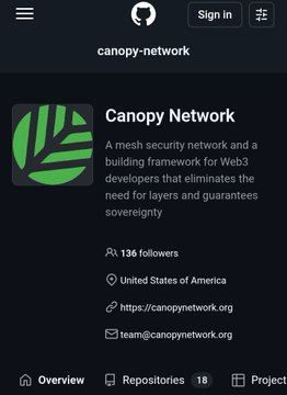 The image shows the GitHub profile page for "canopy-network" (Canopy Network), displaying a green leaf logo, 136 followers, location listed as United States of America, and the website https://canopynetwork.org. This relates to the accompanying post, which discusses Canopy Network's (ticker CNPY) acquisition of Tanssi and the launch of their "tanssi-bridge-relayer" GitHub repository for developing a trust-minimized Ethereum bridge.