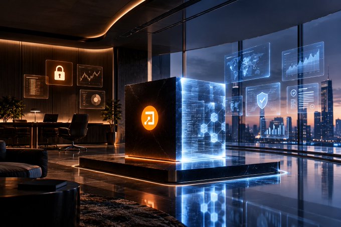 A futuristic room features a glowing digital cube with an orange logo, surrounded by floating holographic screens displaying charts and security icons, with a city skyline visible through the windows.