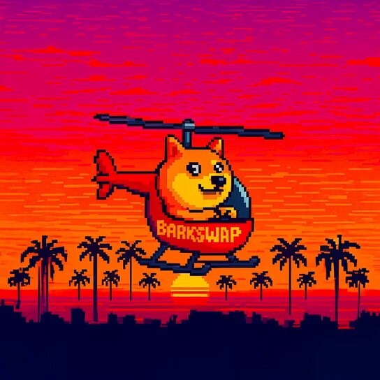 A pixel-art Shiba Inu rides a helicopter labeled "BarkSwap" against a vibrant pink and orange sunset sky with silhouetted palm trees, directly visualizing the post's claim that "DogeOS has BarkSwap" as a marketplace within its ecosystem.