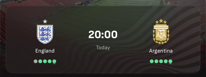 A match schedule graphic showing England vs Argentina at 20:00, 'Today', with both teams' crests and full green rating bars displayed.