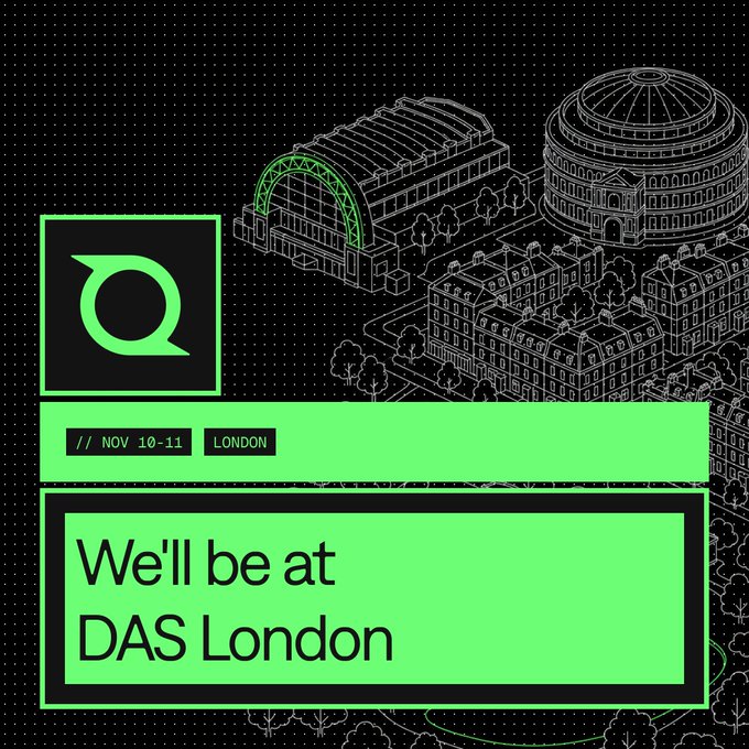 A promotional graphic with green accents announces 'We'll be at DAS London' on November 10-11, featuring line-art illustrations of London landmarks including the Royal Albert Hall.