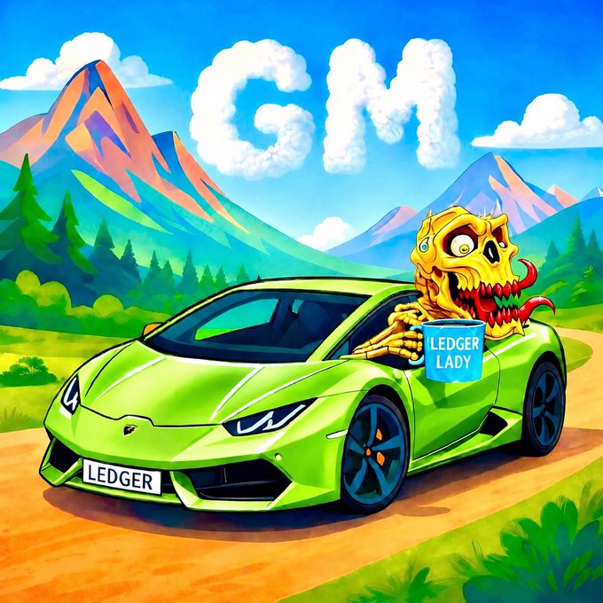A colorful cartoon illustration shows a skeletal creature driving a green Lamborghini with 'LEDGER' and 'LEDGER LADY' license plates, with smoke forming the letters 'GM' in the sky above mountains.