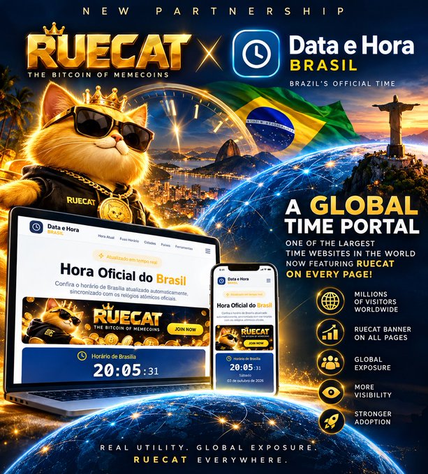 A promotional graphic announcing a 'NEW PARTNERSHIP' between the meme coin RUECAT and 'Data e Hora Brasil' (Brazil's Official Time).