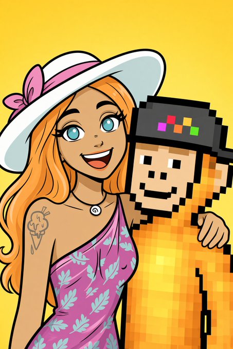 A cartoon-style illustration of a smiling woman with long blonde hair, wearing a white sun hat with a pink bow and a pink floral dress, standing next to a character made of orange and black pixel blocks.