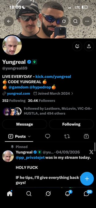 A Twitter/X profile screenshot for 'Yungreal' (@yungreal69) showing 30.4K followers, with a pinned tweet from 04/09/2026 about 'pp_privatejet' and offering to give back tips.